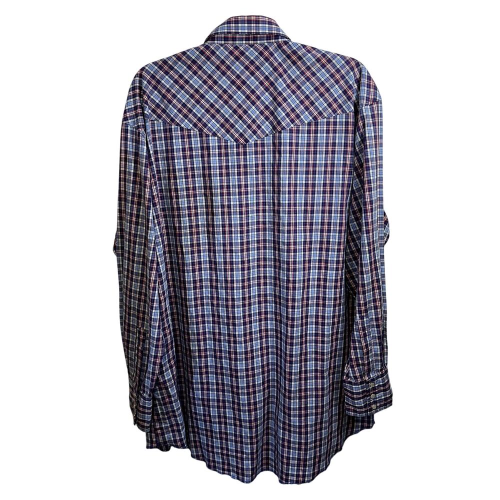 Wrangler Western Pearl Snap Shirt Mens SZ XL Tall Blue Red Plaid Cowboy Rodeo - Picture 2 of 12